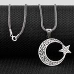 Takıhan Kelimei Tevhid Yazılı Büyük Boy Ay Yıldız Tasarımlı 925 Ayar Gümüş Kolye