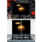 Takım Halinde Altın Elma 20x30 cm Kesme Tablası ve 60x52cm Cam Ocak Koruyucu 4'lü Ocaklar