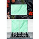 Takım Halinde Su Yeşili 20x30 cm Kesme Tablası ve 60x52cm Cam Ocak Koruyucu 4'lü Ocaklar