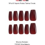 Takma Takma 10'lu Bordo Orta Balerin TT0747 Tekrar Kullanılabilir El Yapımı Protez Takma Tırnak Bordo-Xs - Kırmızı