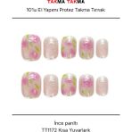 Takma Takma 10'lu Pembe Kısa Yuvarlak TT1172 Tekrar Kullanılabilir El Yapımı Protez Takma Tırnak Pembe-Xs - Çok Renkli