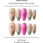 Takma Takma 10'lu Pembe Uzun Badem TT1365 Tekrar Kullanılabilir El Yapımı Protez Takma Tırnak - Pembe-XS - Beyaz