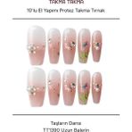 Takma Takma 10'lu Pembe Uzun Balerin TT1390 Tekrar Kullanılabilir El Yapımı Protez Takma Tırnak Pembe-L