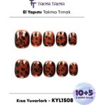 Takma Takma 15'li Kahve Kısa Yuvarlak KYL1508 Tekrar Kullanılabilir El Yapımı Protez Takma Tırnak - Kahverengi-L
