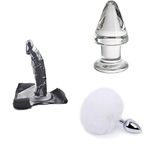 Takmalı Dildo Penis Kemeri + PleasureBox Seks Oyuncağı 9 cm + Kabarık Tavşan Kuyruğu Anal Tıkaç Beyaz