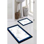 Talia Home Mavi Çerçeveli Mermer Desenli 2'li Büyük Boy Banyo Paspas Seti - Beyaz