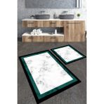 Talia Home Yeşil Çerçeveli Mermer Desenli 2'li Büyük Boy Banyo Paspas Seti - Beyaz