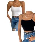 TAM MODA İp Askılı Crop Bluz (SiyahBeyaz, S)