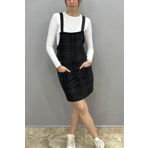 Tam Moda Kadın Askılı Cepli Salopet Siyah-Füme Ekose