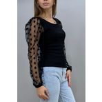 Tam Moda Kadın Bluz Kolları Tüllü-Puantiyeli Siyah