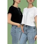 Tam Moda Kadın Crop Kayık Yaka T-shirt Pamuklu 2li Set Siyah-Beyaz