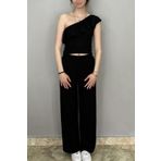 Tam Moda Kadın Siyah Renk Tek Omuz Bluz - Pantolon Takım