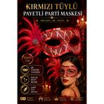 Tamsena Store Kırmızı Tüylü Payetli Venedik Parti Maskesi – Şık Balo ve Kostüm Maskesi 23x12 cm