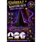 Tamsena Store Sihirbaz Kostüm Seti Şapka Asa Gözlük 3’lü Parti Aksesuar Seti Çocuk & Yetişkin Uyumlu Cadı Şapkası Sihirli Asa Yuvarlak Gözlük Seti