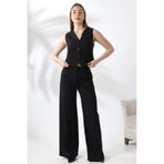 TANE TASARIM Kadın Yelek Pantolon Takım Keten Kolsuz Oversize Kalıp 2 Parçalı (Siyah, L)