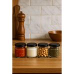 Tanemce 4 Adet 425 ml Metal Siyah Konserve Kapaklı Yoğurt, Sosluk, Baharatlık, Menemen 425 Cc Cam Kavanoz