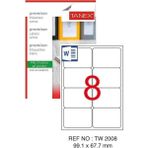 Tanex Bilgisayar Etiketi TW-2008 99,1X67,7 mm 100 Lü Lazer Etiket 1 Paket Tanex Davetiye Kargo Koli Kutu Etiketi - Standart - Beyaz