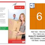 Tanex TW-2106 70x148.5 mm 100'lü Turuncu Pastel Laser Etiket