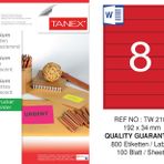 Tanex TW-2108 192x34 mm 100'lü Kırmızı Floresan Laser Etiket