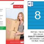 Tanex TW-2108 192x34 mm 100'lü Mavi Pastel Laser Etiket