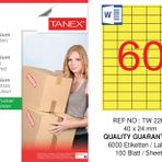 Tanex TW-2260 40x24 mm 100'lü Sarı Pastel Laser Etiket