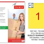 Tanex TW-2294 210x294.86 mm 100'lü Sarı Pastel Laser Etiket