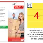 Tanex TW-2404 210x74.25 mm 100'lü Sarı Pastel Laser Etiket