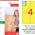 Tanex TW-2504 98x149 mm 100'lü Sarı Pastel Laser Etiket