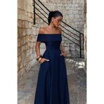 TANISA Lacivert Creil Askılı Double Kumaş Uzun Elbise TNS-4424
