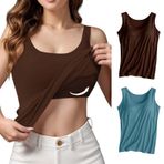 Tank Üstleri Dahili Sutyen Kadınlar için UK V Yaka Kolsuz Tank Yaz Temel Pamuk Egzersiz Yoga Fanila Tişört, Kahverengi + Gök Mavisi, 3XL
