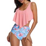 Tankini Set Kadın Karın Önleyici Bikini Fırfırlı Yüksek Bel Mayo Retro Çiçekli Mayo İki Parçalı Dolgulu Üst ve Alt Mayo Kanpola, 18 pembe, 42