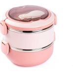 Tantitoni Paslanmaz Çelik Yuvarlak 2 Katlı Çatal ve Kaşıklı Yemek Taşıma Kabı 850ML Pembe - 850 ml