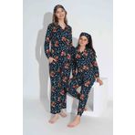 Tarık Kadın Lacivert Ayı Desen Önden Düğmeli Anne Kız Kombin Süet Kadife Kışlık Sıcak Tutan Pijama Takımı