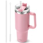 TaroKitc 40oz Saplı ve Pipetli Bardak, Pembe Yalıtımlı Seyahat Kupası Buzlu Kahve Fincanı, Yeniden Kullanılabilir Paslanmaz Çelik Yalıtımlı Su Şişesi, İçecekleri 34 Saat Soğuk Tutar, Bulaşık Makinesinde