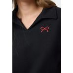 Tarz Bol Polo Yaka Düşük Kol Uzun Kalp Nakışlı Geniş Kalıp Selanik Polo Yaka Örme Sweatshirt