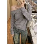 Tarz Cool Antrasit Kadın Düşük Omuz Kayık Yaka Oversize Uzun Kollu T-Shirt