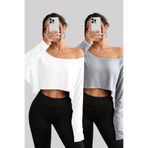 Tarz Cool Beyaz - Gri 2Li Kadın Düşük Omuz Kayık Yaka Oversize Uzun Kollu Crop T-Shirt