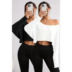 Tarz Cool Beyaz - Siyah 2li Kadın Düşük Omuz Kayık Yaka Oversize Uzun Kollu Crop T-Shirt
