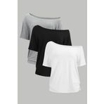 Tarz Cool Beyaz Siyah Gri 3lü paket Kadın Düşük Omuz Kayık Yaka Oversize T-Shirt