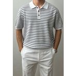 Tarz Cool Erkek Beyaz Çizgili Düğmeli Regular Fit Triko T-Shirt