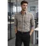 Tarz Cool Erkek Ekose Slim Fit Gömlek Uzun Kollu Pamuklu Günlük & Casual Şık Gömlek - Bej