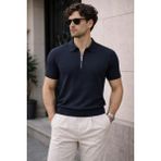 Tarz Cool Erkek Fermuarlı Polo Yaka Triko Tişört Slim Fit Dokulu Yazlık Şık Casual - Lacivert