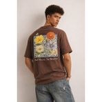Tarz Cool Erkek Floral Baskılı Tişört – Oversize Fit, Sırt Desenli “small Moments Big Memories” - Kahverengi - XL