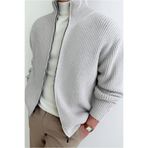 Tarz Cool Erkek Gri Dik Yaka Fermuarlı Slim Fit Triko Hırka