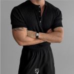 Tarz Cool Erkek Hakim Yaka Düğmeli Triko T-Shirt - XL - Siyah