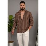 Tarz Cool Erkek Kahverengi Beyaz İkili Çizgili Regular Relaxed Fit Uzun Kollu Gömlek