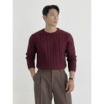 Tarz Cool Erkek Kahverengi Bisiklet Yaka Slim Fit Saç Örgülü Triko Kazak - Bordo