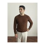 Tarz Cool Erkek Kahverengi Bisiklet Yaka Slim Fit Saç Örgülü Triko Kazak