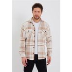 Tarz Cool Erkek Kırık Beyaz-turuncu Çift Cep Kapaklı Slim Fit Oduncu Gömlek-odg001r9500s