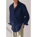 Tarz Cool Erkek Lacivert Bürümcük Slim Fit Gömlek Yaka Uzun Kollu Gömlek